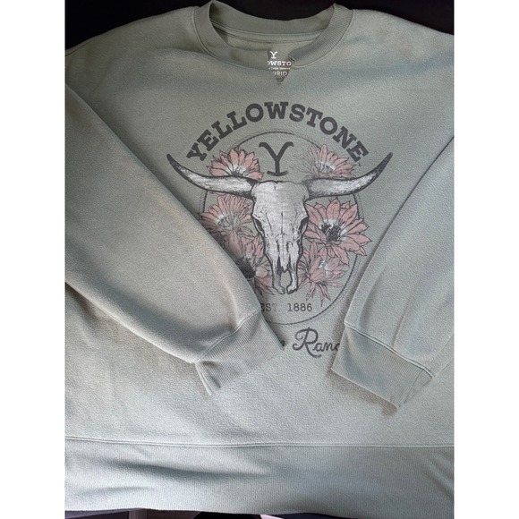 Hybrid Apparel Tops - Yellowstone Dutton Ranch Graphic Sweatshirt Sage Green Skull Floral Large